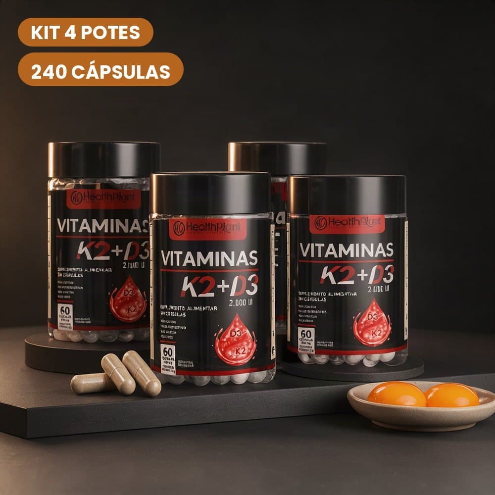 Suplemento Alimentar Vitamina K2 + Vitamina D3 2000UI Kit 4 Potes 240 Cápsulas Unissex