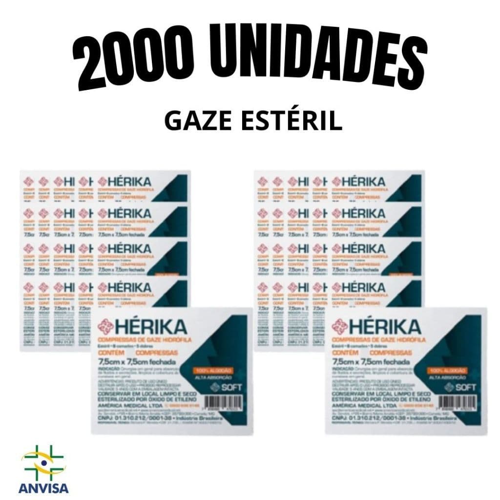Kit com 500, 1000 ou 2000un Compressa Gaze Estéril Hidrófila Cirúrgica13 Fios 7,5cm x 7,5cm