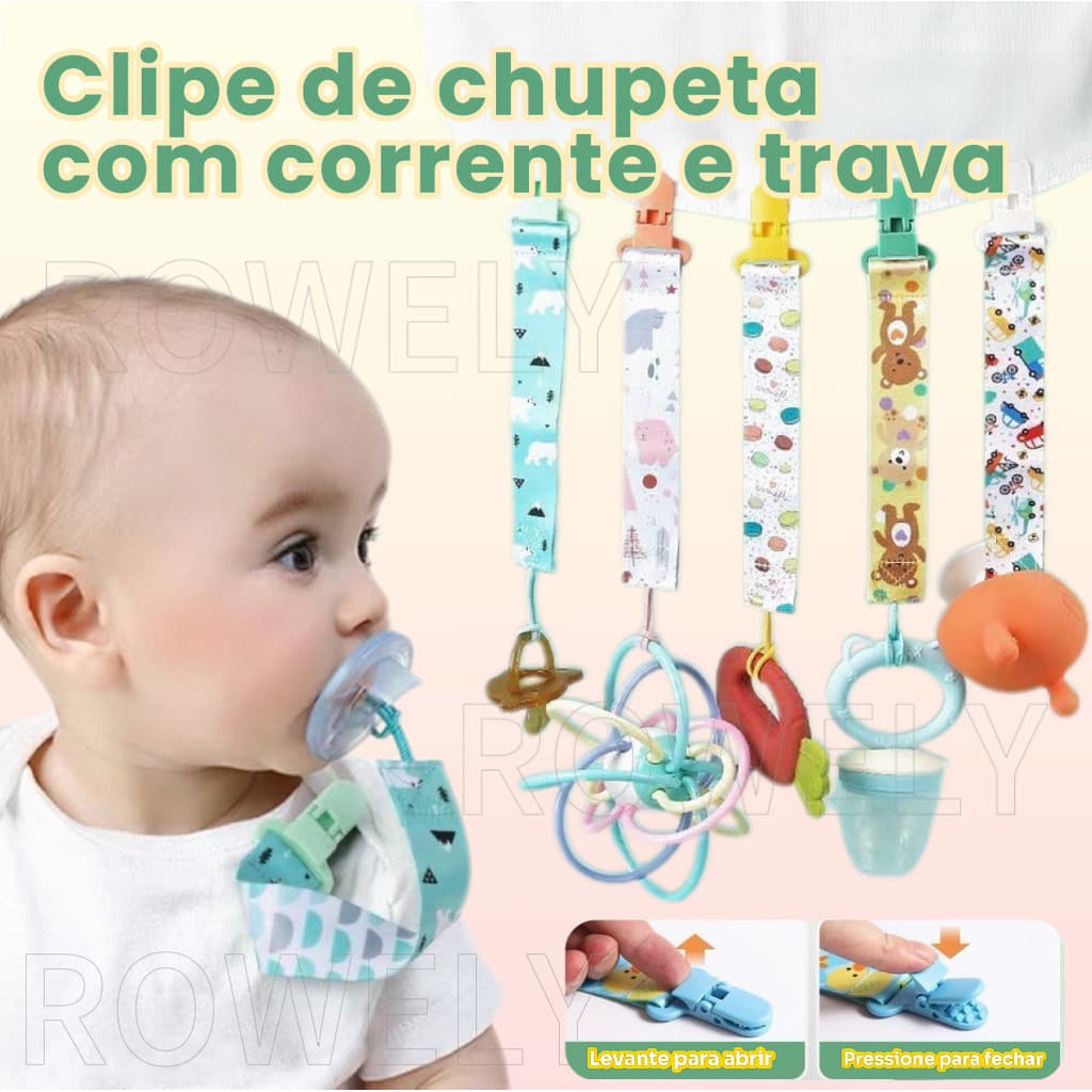 Prendedor de Chupeta para Bebês com Clipe Antiderrapante e Fita Resistente