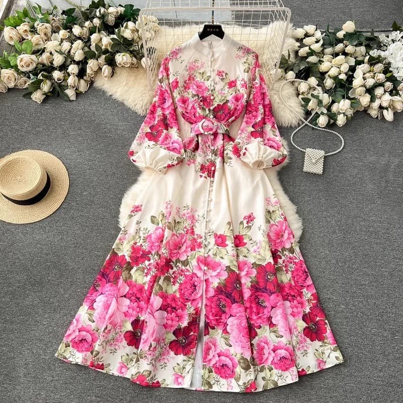 Elegante Lindo Floral Boêmio Vestido Primavera Feminino Suporte Longo Lanterna Manga Impressão Cinto De Linho Vestidos L