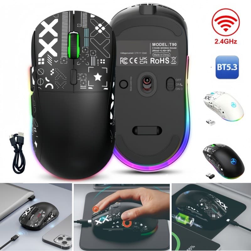 Mouse Gamer 3 Modos Bluetooth 5.3 2.4G Com Fio, Recarregável RGB 6 Teclas DPI Ajustável Notebook PC