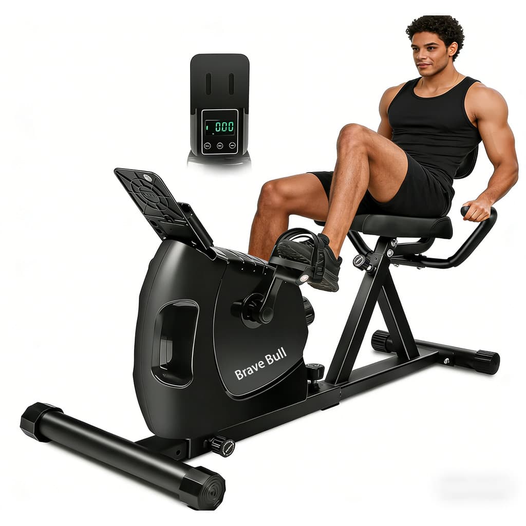 Brave Bull Bicicleta Ergométrica Horizontal Magnética Cardio Profis 120KG 8 Níveis de Ajuste Com Painel Digital