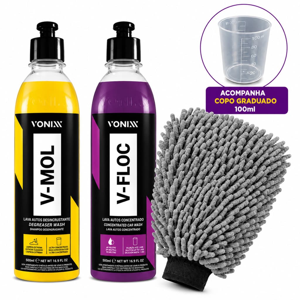 Kit Lavagem Automotiva Vonixx V-Floc 500ml V-Mol 500ml Luva Microfibra Shampoo Carro Moto