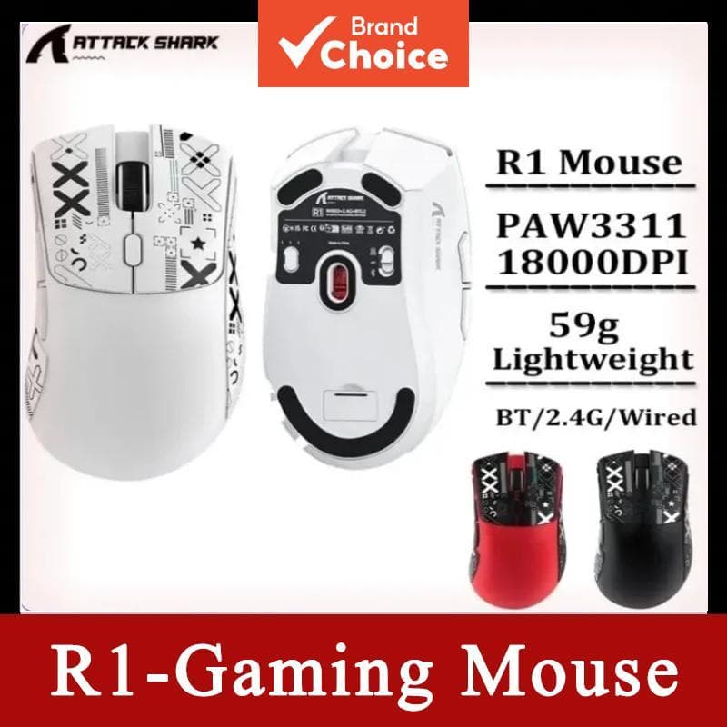 Mouse Gamer Sem Fio Tri-Modo Attack Shark R1, 18000 DPI 1000Hz Taxa de Polling Programável Macro para PC Laptop