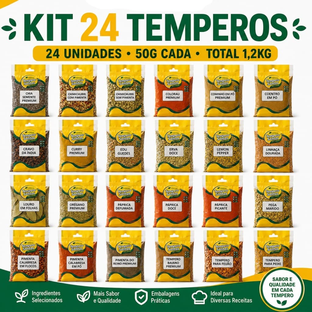 Kit 24 Temperos e Condimentos Selecionados 50g Cada Total 1,2kg - Tempero Santos