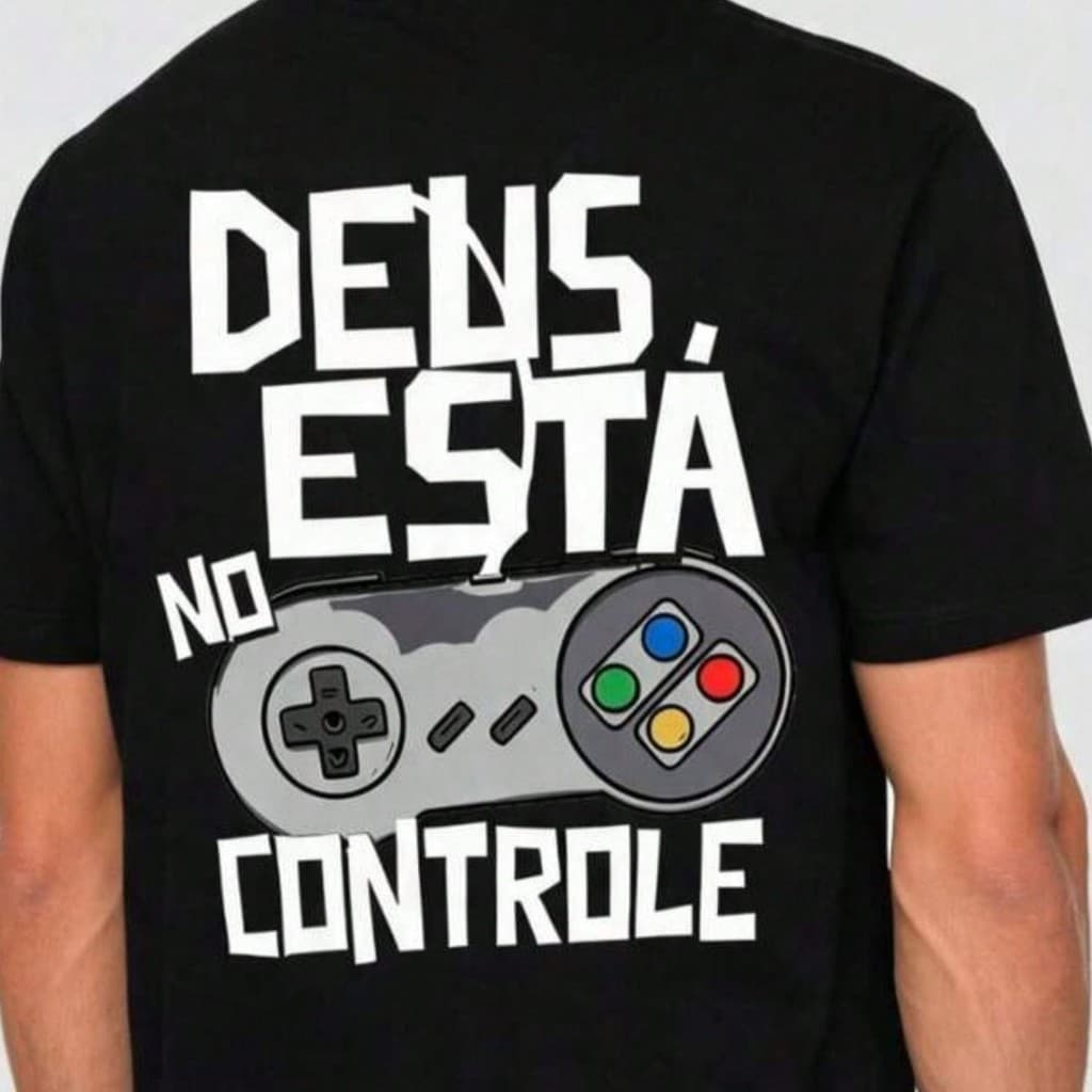 Camiseta masculina preta de algodão, comprimento regular, gráfica de controle de videogame e a frase 'Deus Está No'.