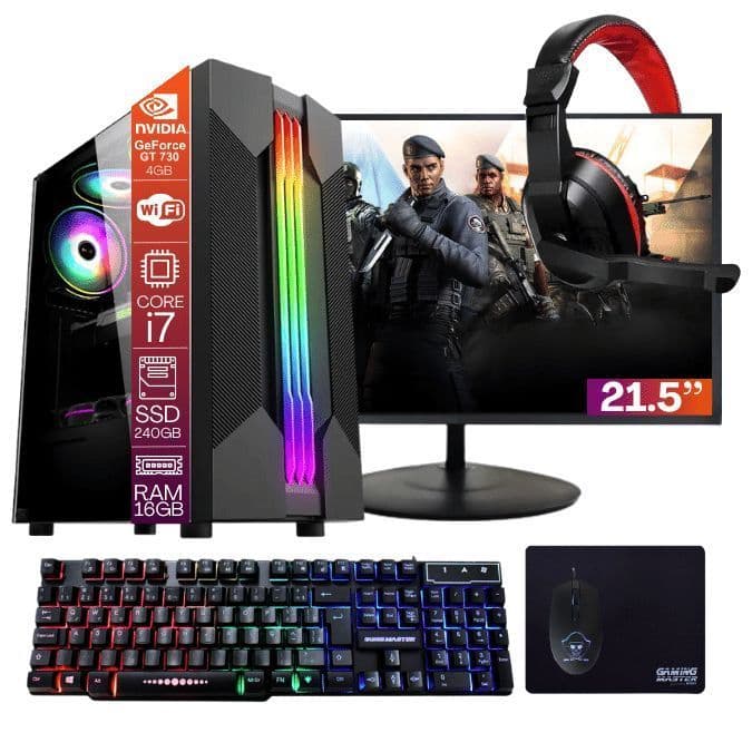 Computador PC Gamer  TOB   i7     240GB 16GB VGA GT730 4GB Windows 10 Pro Trial Kit Gamer Head Monitor 21.5 PC