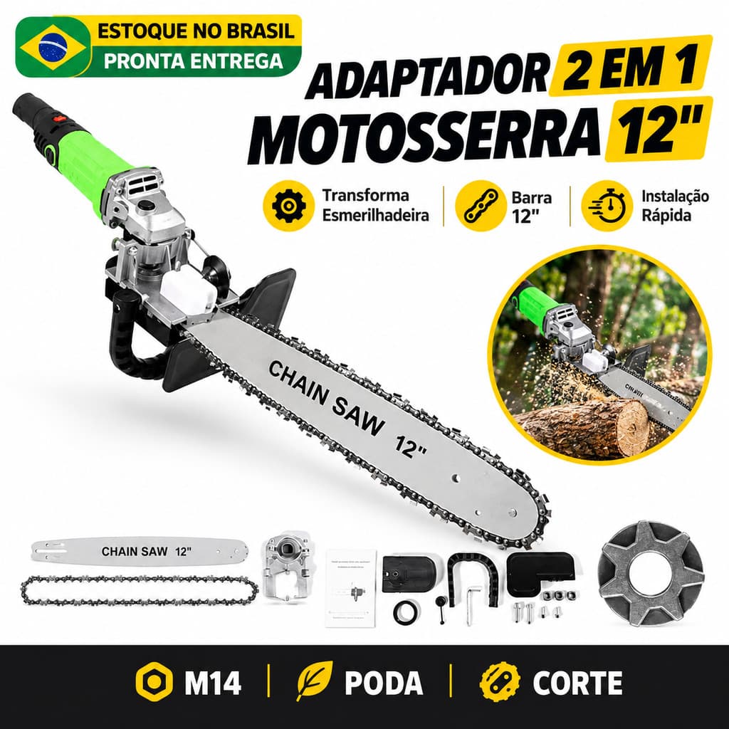 Adaptador para Esmerilhadeira Motosserra 2 em 1 12" M14 Suporte para Lixadeira Poda Corte de Madeira