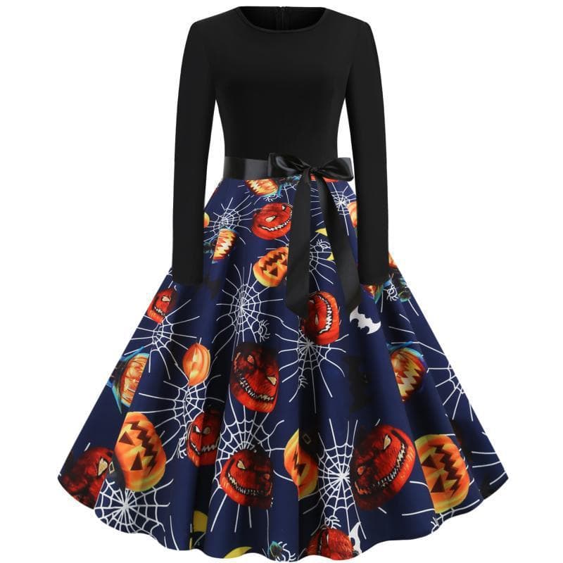 Retro Hepburn estilo Halloween impressão em torno do pescoço manga longa grande balanço vestido feminino retro vestido d