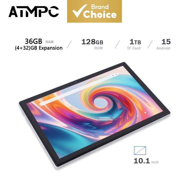 Tablet Android 15 ATMPC de 10,1 polegadas, 128 GB de armazenamento, expansível até 1 TB, processador octa-core, bateria