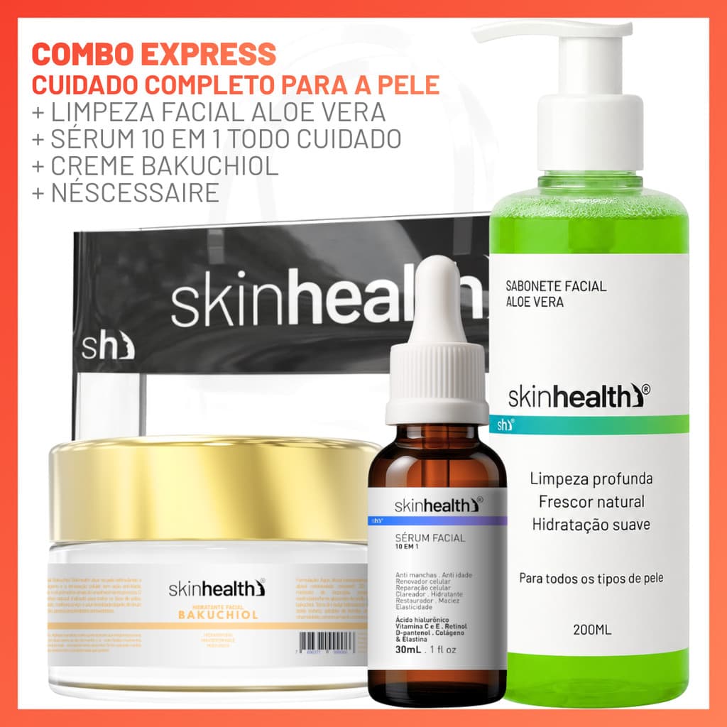 Facial Anti-Idade Skinhealth 10 em 1 + Bakuchiol + Limpeza Aloe Vera Rotina de Skincare + Nécessaire