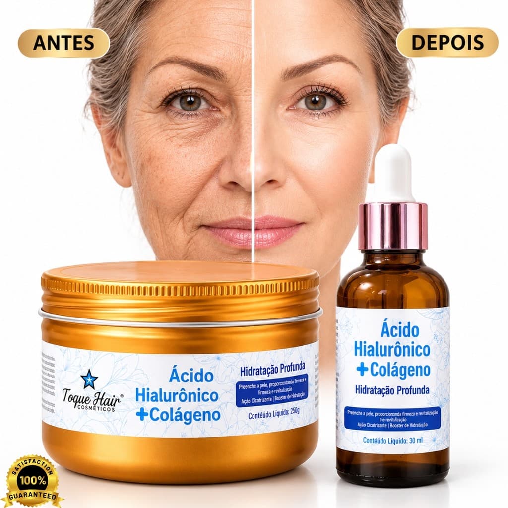 Kit Creme Facial Ácido Hialurônico + Colágeno 100g + Sérum Facial 30ml Rejuvenescedor  Hidrata Anti Idade