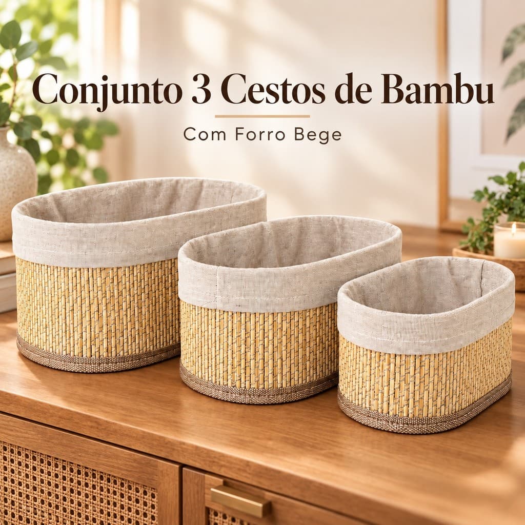 Kit 3 Cestos Organizadores de Bambu Multiuso com Forro Removível Casa Banheiro Quarto Cozinha e Decoração Bege Marrom