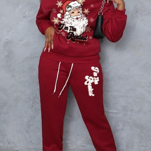 Conjunto de Duas Peças para Mulheres Moletom de Gola Redonda e Calça Moletom para Festas de Natal - Edição Natalina