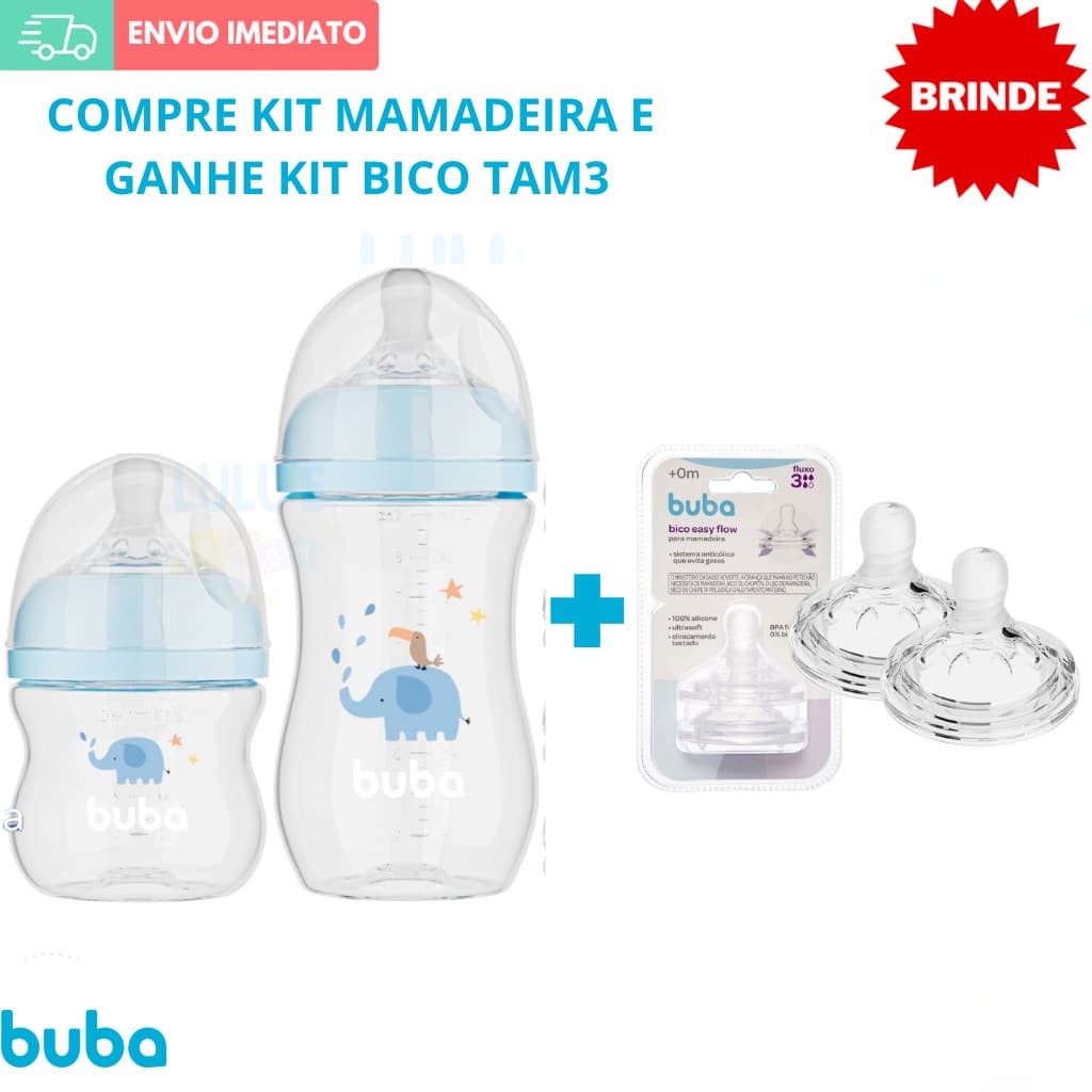 KIT 2 MAMADEIRAS BUBA EASY FLOW ANTICÓLICA 120 e 270 ML + KIT 2BICO MAMADEIRA BUBA TAMANHO 3 ORIGINAL