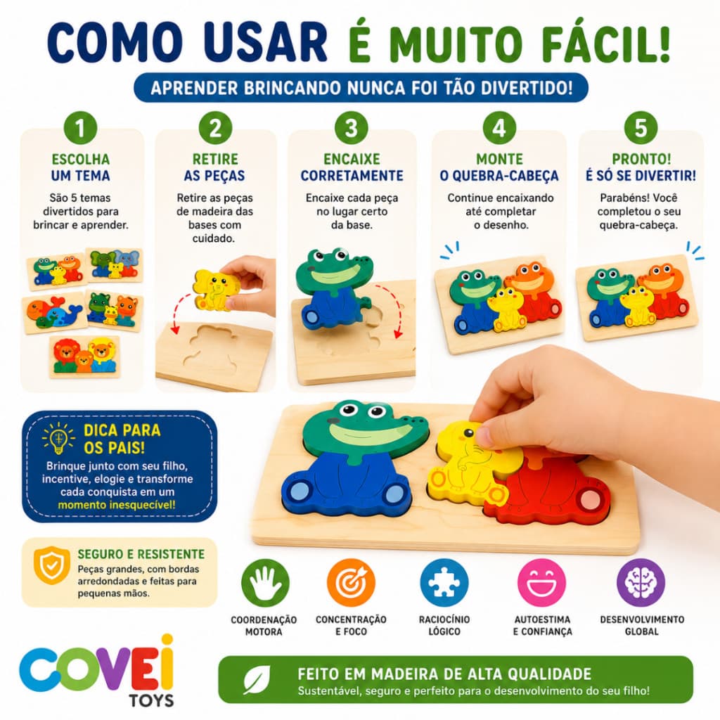 Quebra Cabeças Madeira Infantil Brinquedo Educativo Animais Coloridos Brinquedo Montessori