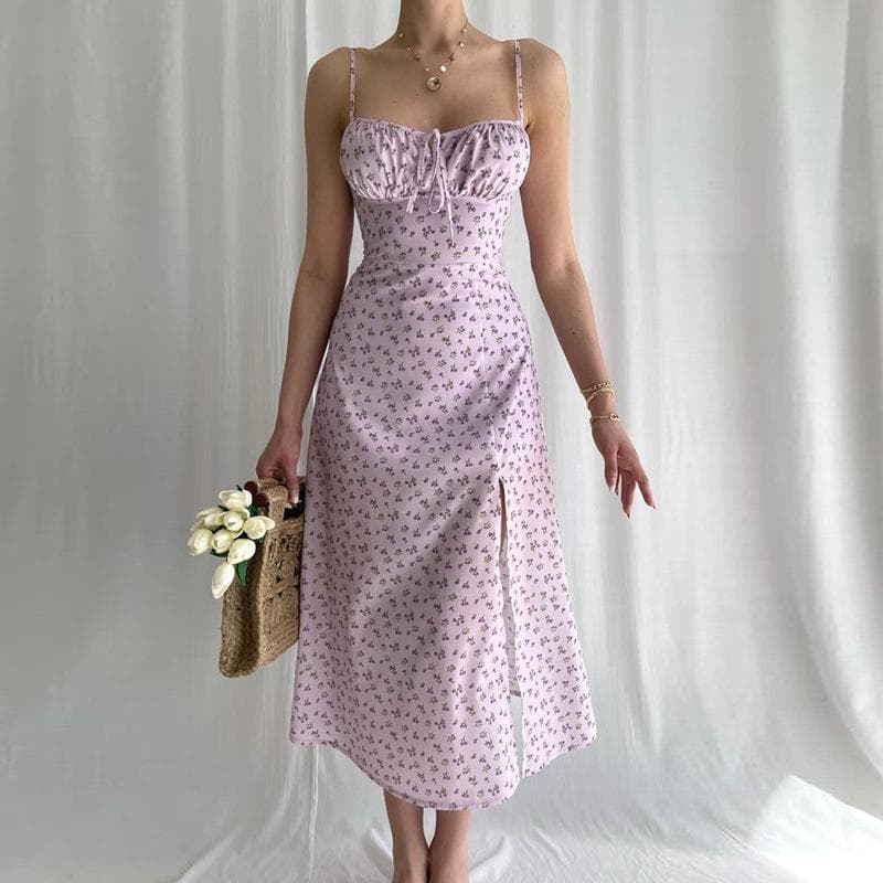 Vestido floral feminino de verão com estilingue dividido vestido floral longo