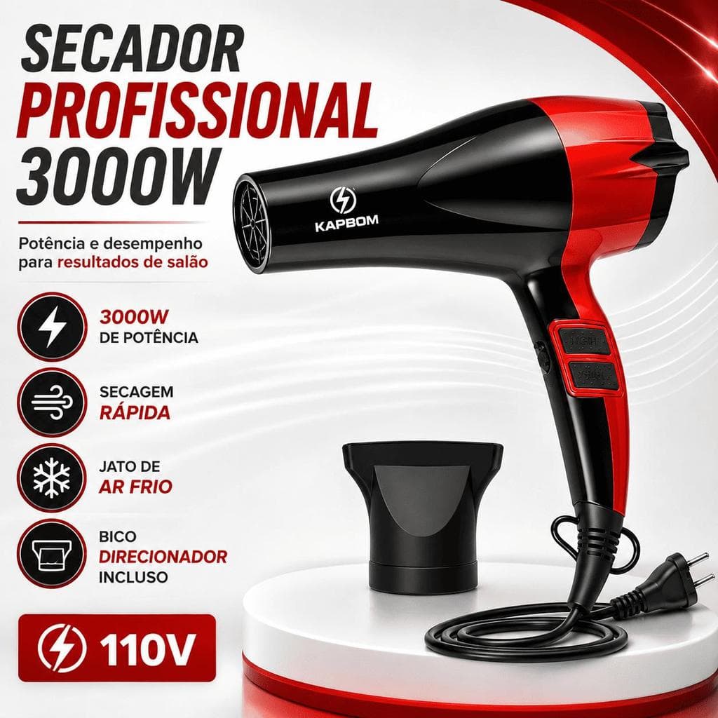 Secador de Cabelo Profissional Hair Dryer Kapbom 3000W 110V  2 Velocidades e 3 Temperaturas