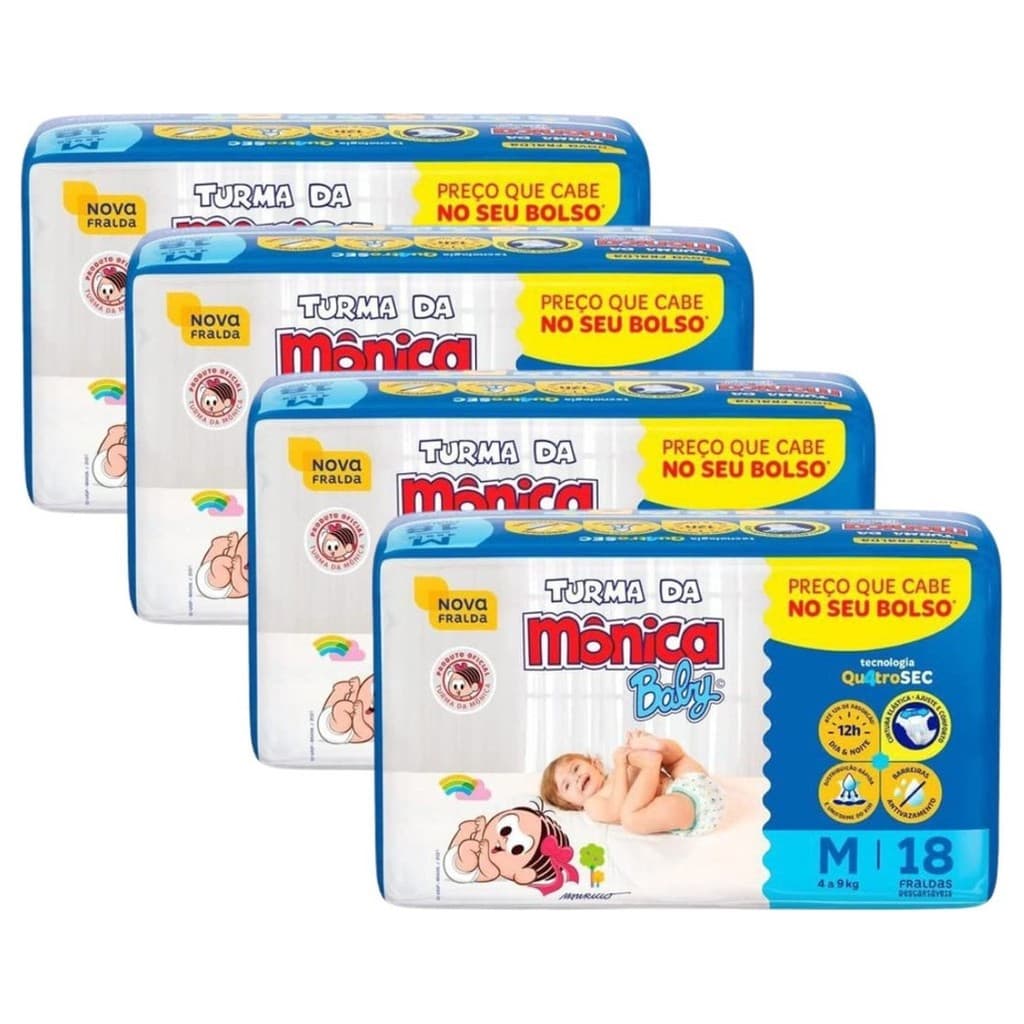 Kit com 4 Pacotes de Fraldas Descartável Turma da Mônica Baby Tecnologia QuatroSec Tamanhos Variados