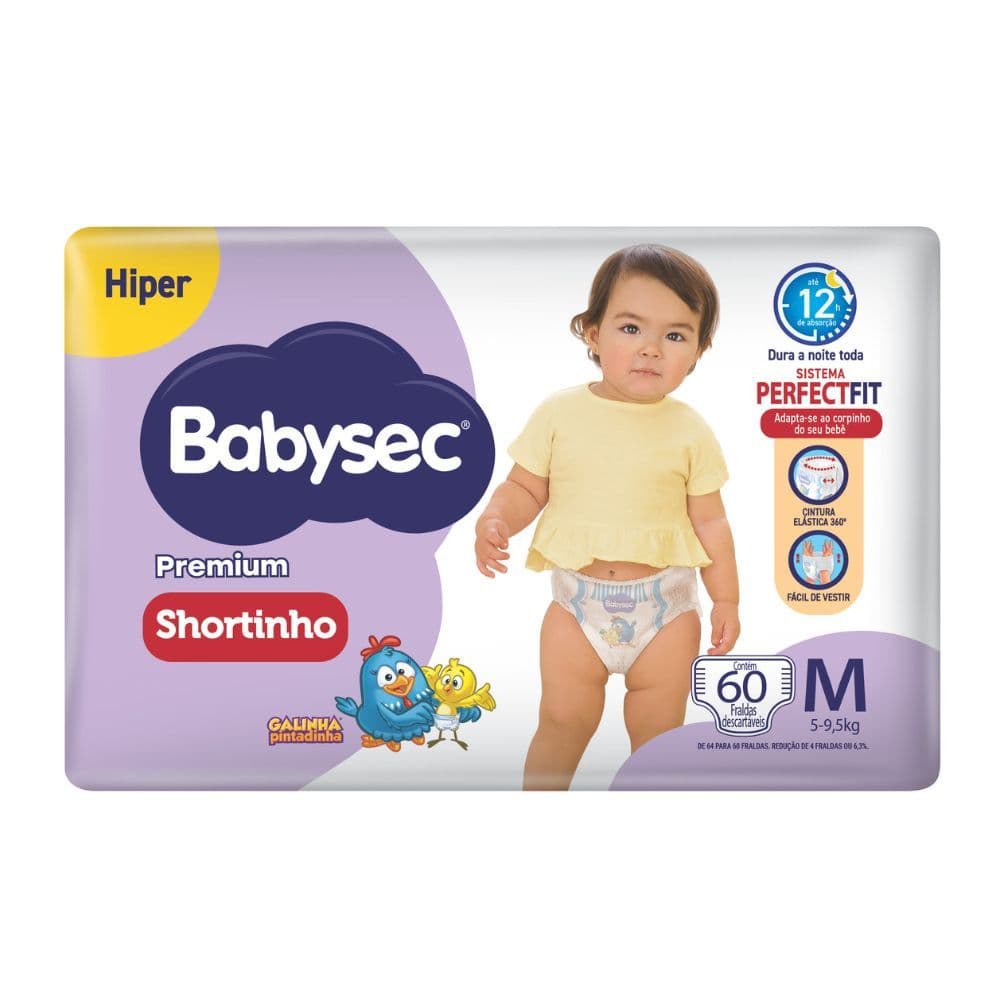 Fralda Shortinho Babysec Premium Tamanho M com 60 Fraldas Descartáveis
