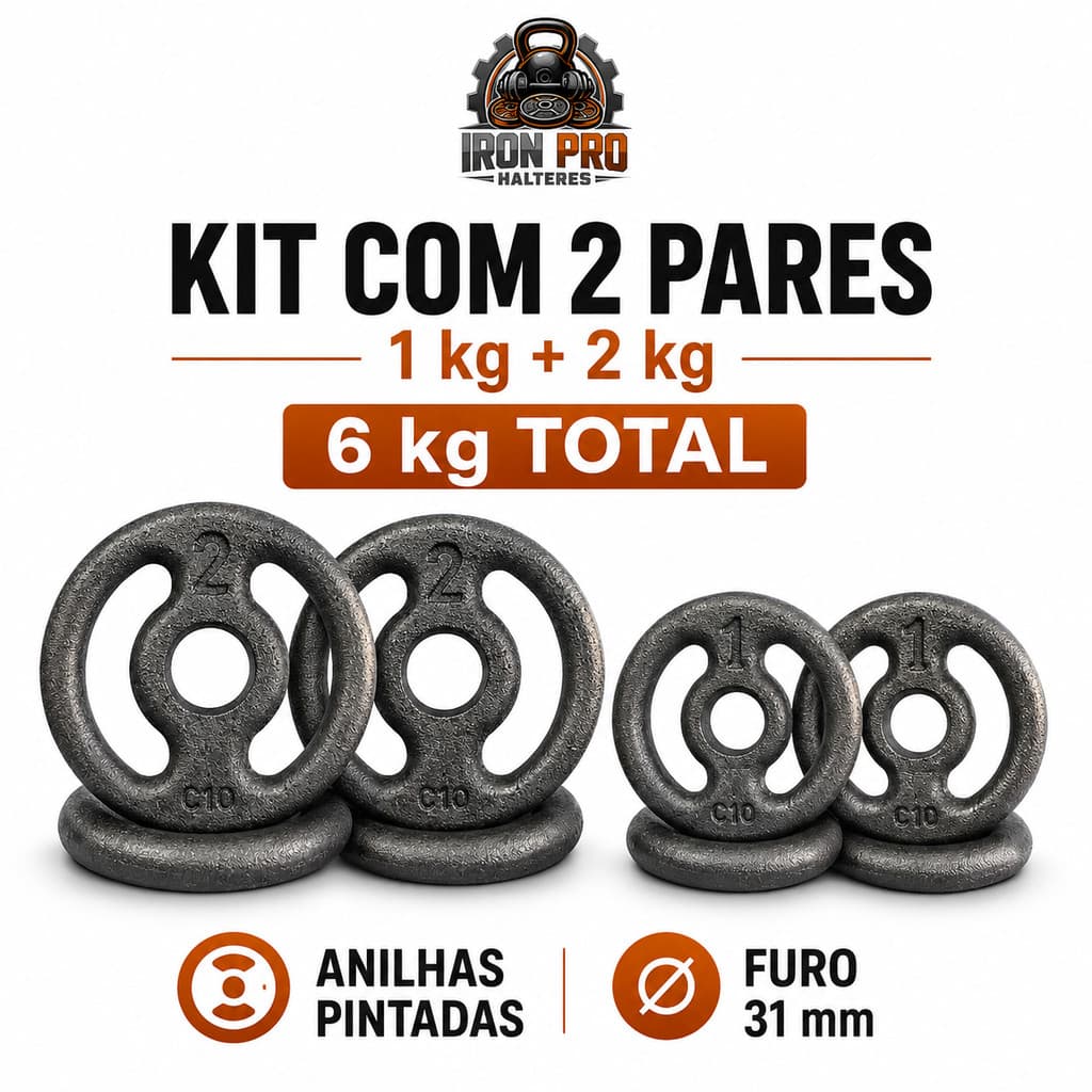 Kit Anilhas Pintadas 1 kg + 2 kg 2 Pares 6 kg Total Ferro Fundido 31 mm Musculação Academia CrossFit Treino Funcional