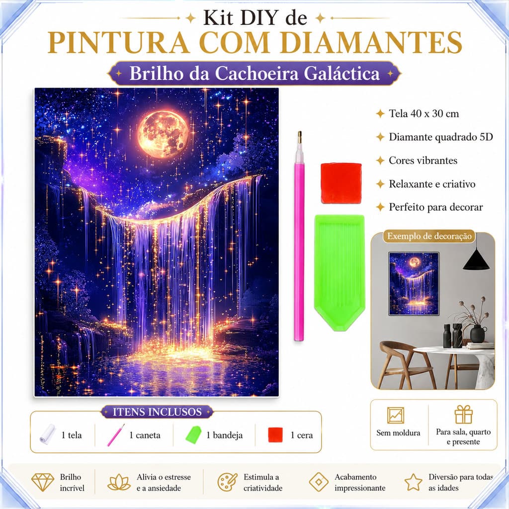 Quadro Pintura Diamante 5D DIY Lua e Cachoeira 40x30cm Kit Completo Artesanato