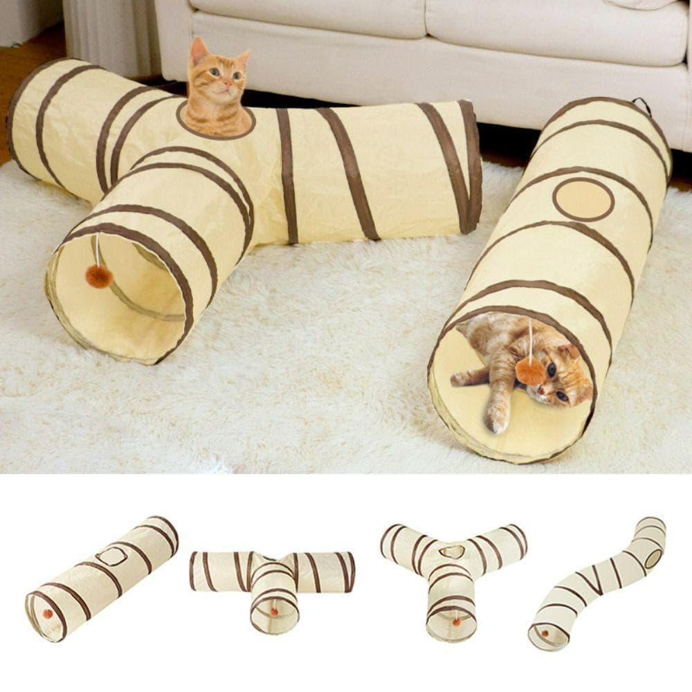Tubo De Túnel De Gato Brilhante , Ninho Respirável Bege + Café , Barraca De Cobaia Dobrável De Poliéster + Fio De Aço
