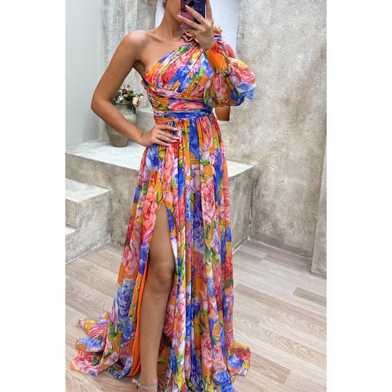 Saias femininas novo estilo Casual vestido de fenda solto multicolorido ombro inclinado vestido longo