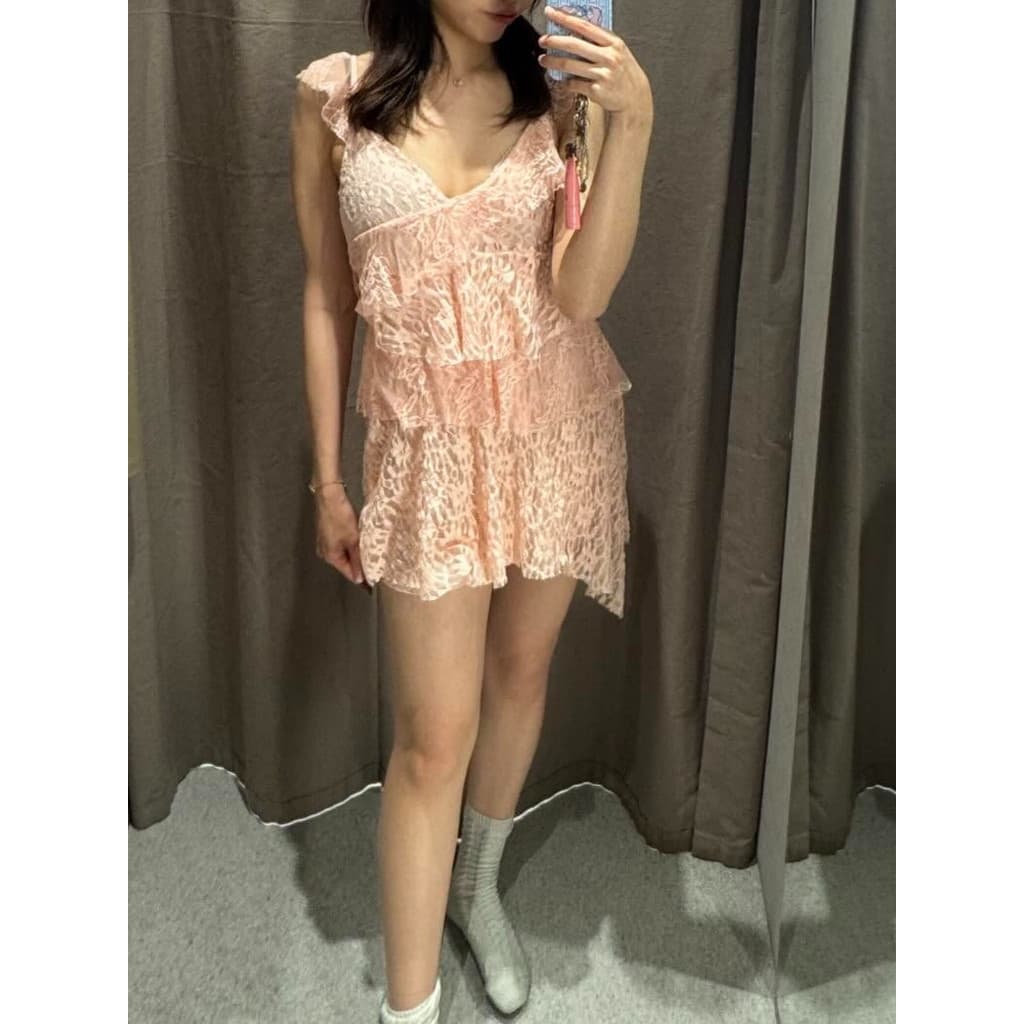 Feminino Rosa Renda Plissado Cinta Com Decote Em V Assimétrico Camadas Mini Vestidos Elegante Irregular Festa Vestido De