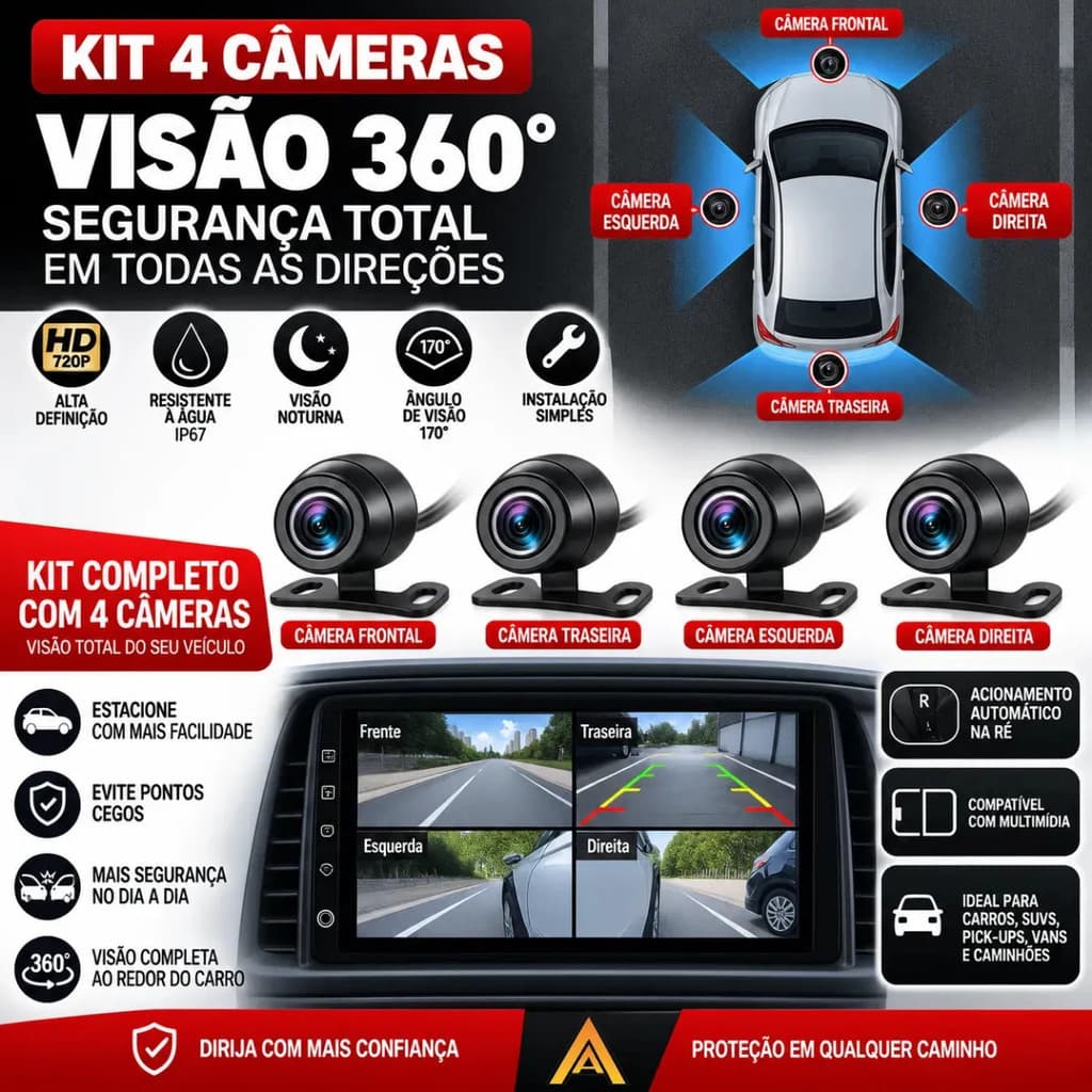 Kit 4 Câmeras de Ré 360° Borboleta Frontal Traseira Laterais Universal Prova D'Água Visão Noturna Carro
