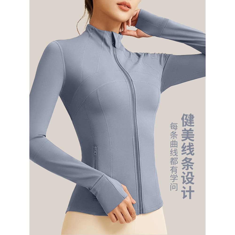 Jaqueta esportiva fina feminina com bolso com zíper, roupas de secagem rápida, Fitness, manga comprida, roupas de ioga, 