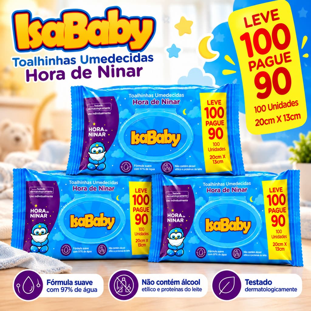Kit 3 Lenço Umedecidos Toalhas Umedecida Infantil Hora de Ninar Isababy Leve 100 Pague 90