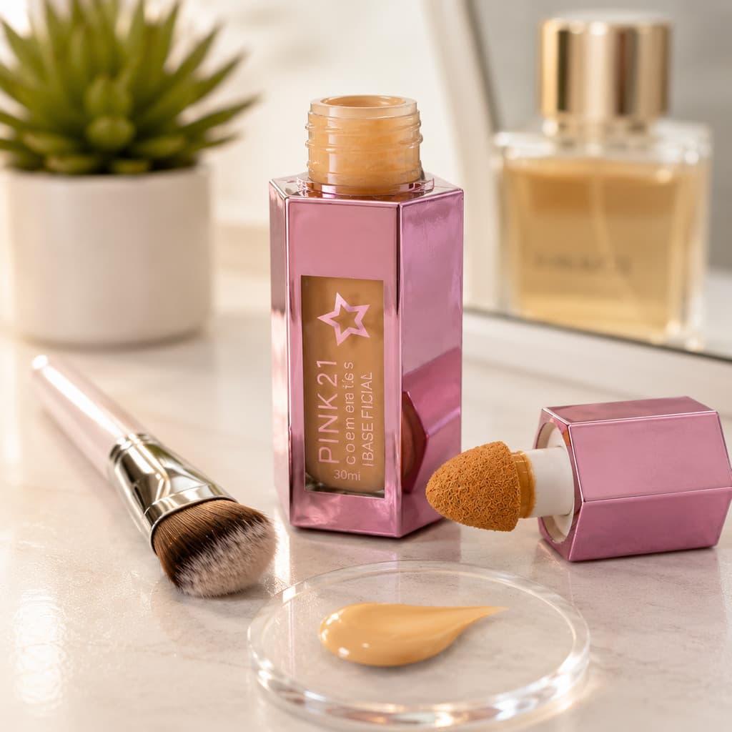 Base Líquida Pink 21 Star Cobertura Média Acabamento Natural Uniformiza e Disfarça Imperfeições