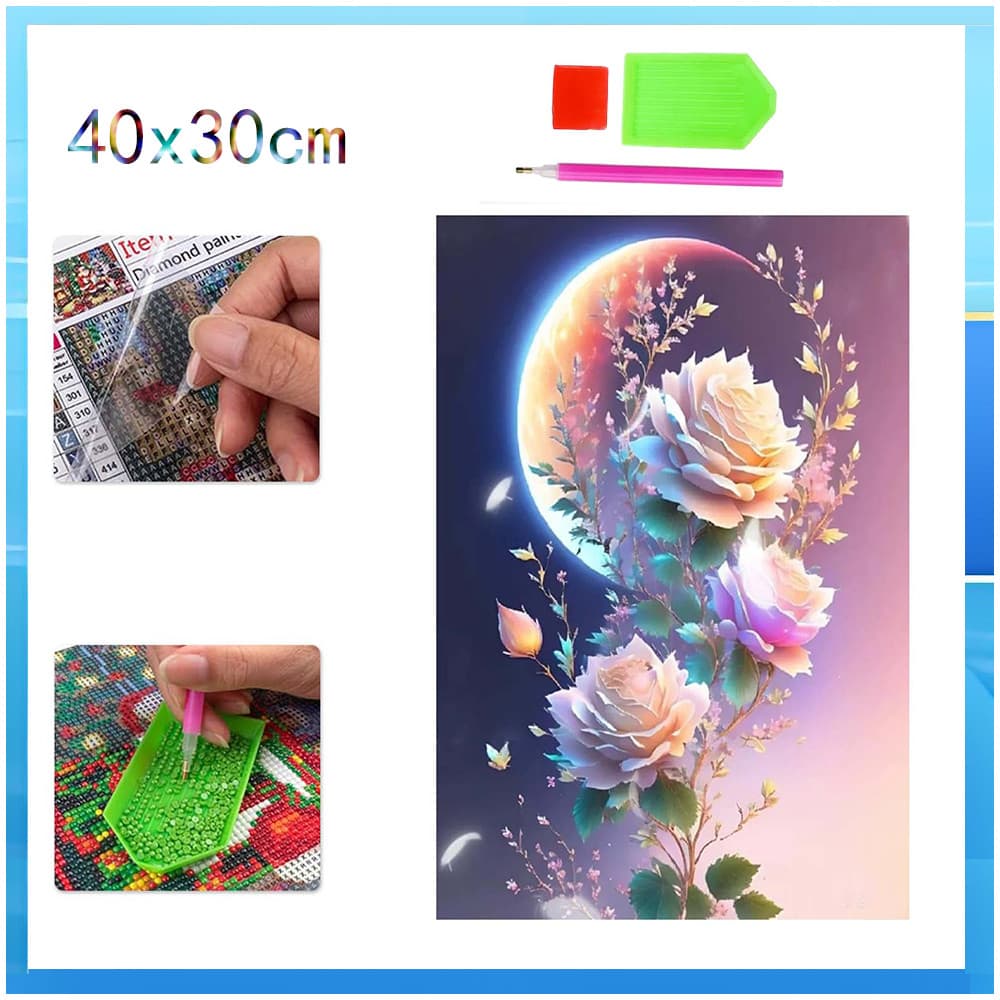 Conjunto de pintura diamante adulto 5D lua noite rosa 40x30cm DIY quadrado diamante decoração de parede para casa