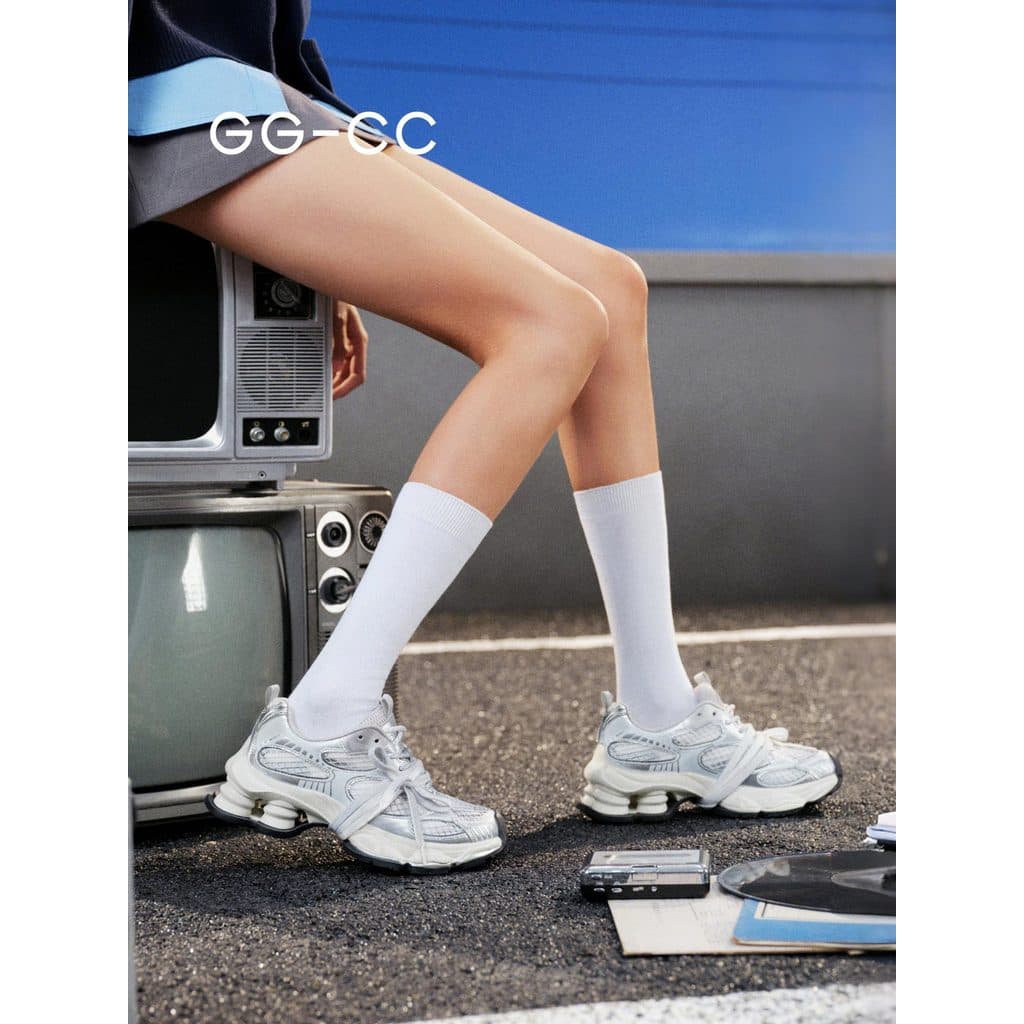[Duplo 11 pré-venda] GGCC outono moderno retrô de sola grossa prata papai sapatos empacotados tênis casuais de aumento