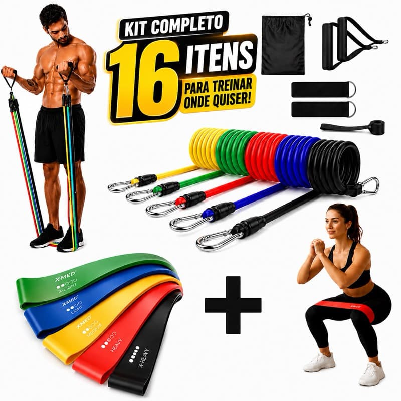 Itens Treino Em Casa Completo Elásticos Extensores + 5 Mini Bands Fitness Musculação Exercícios Yoga Fisioterapia