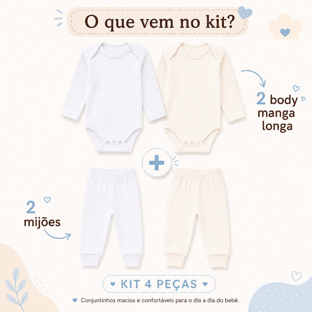 Kit 4 peças ( 2 Conjuntos) Body Manga longa e Calça (mijão) Bebê Suedine Canelado 100% Algodão Enxoval menino e menina