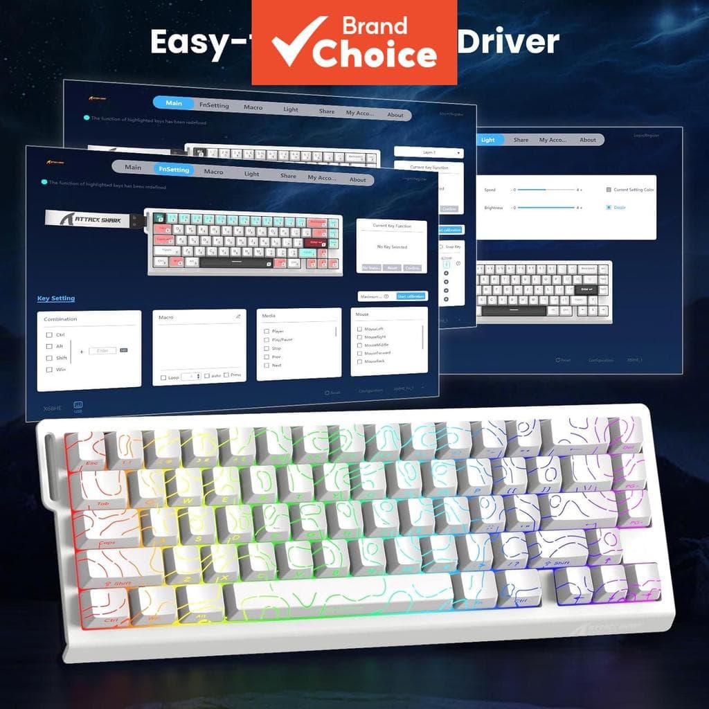 Teclado Mecânico de Jogos Attack Shark X68HE com Interruptor Magnético Ajustável RT, Taxa de Polling de 8K, RGB e