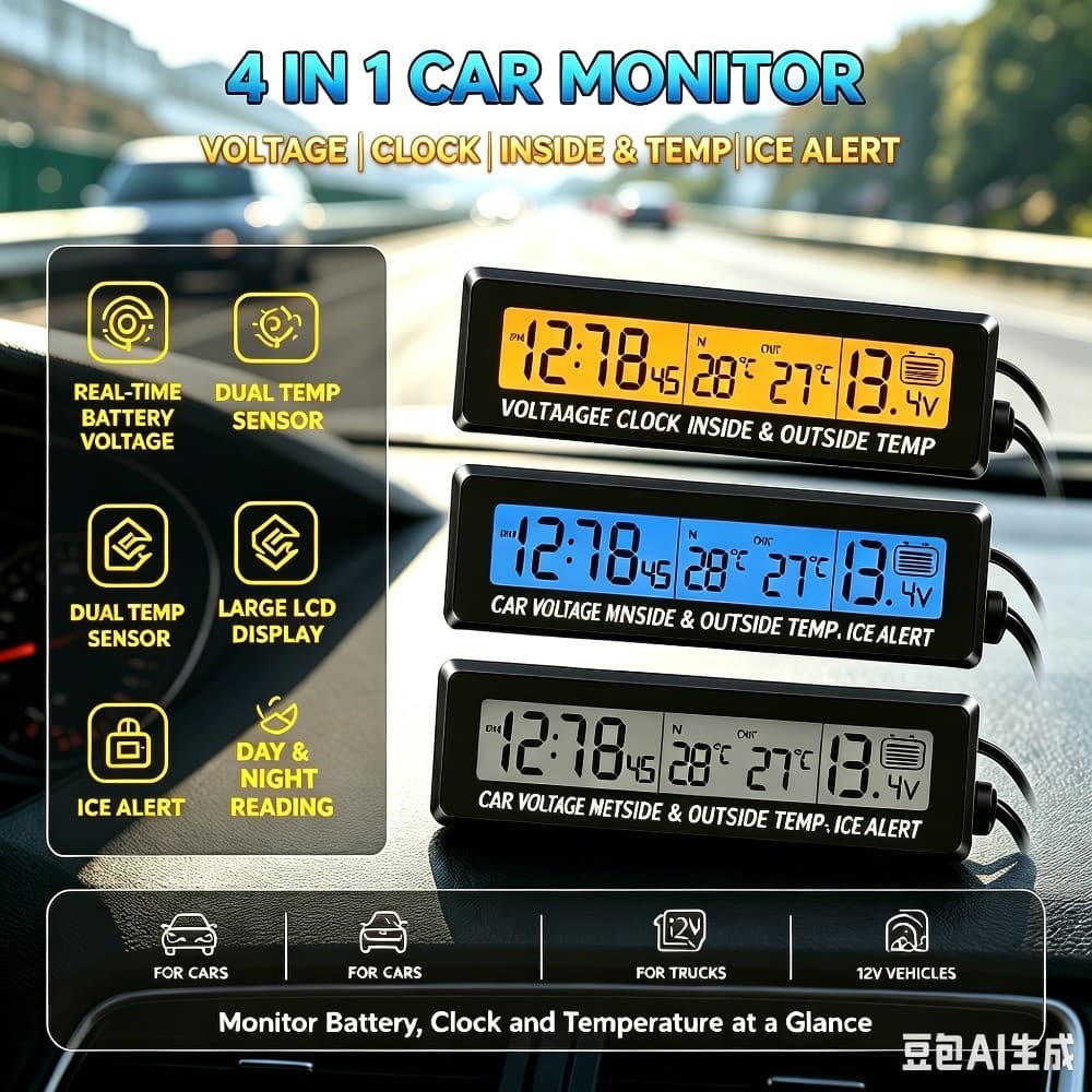 4 Em 1 Relógio De Carro Termômetro Voltímetro Display LCD Digital Hora Data Temperatura Monitor Tensão Acessórios Interi