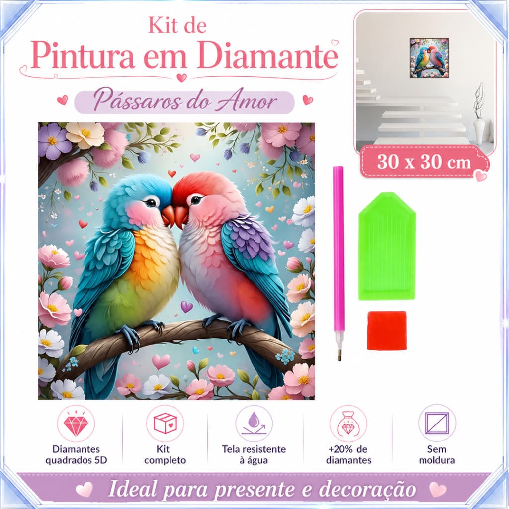 Kit Pintura Diamante 5D Pássaros Papagaio Flores 30x30cm DIY Relaxante Quadro Decorativo Parede Sem Moldura