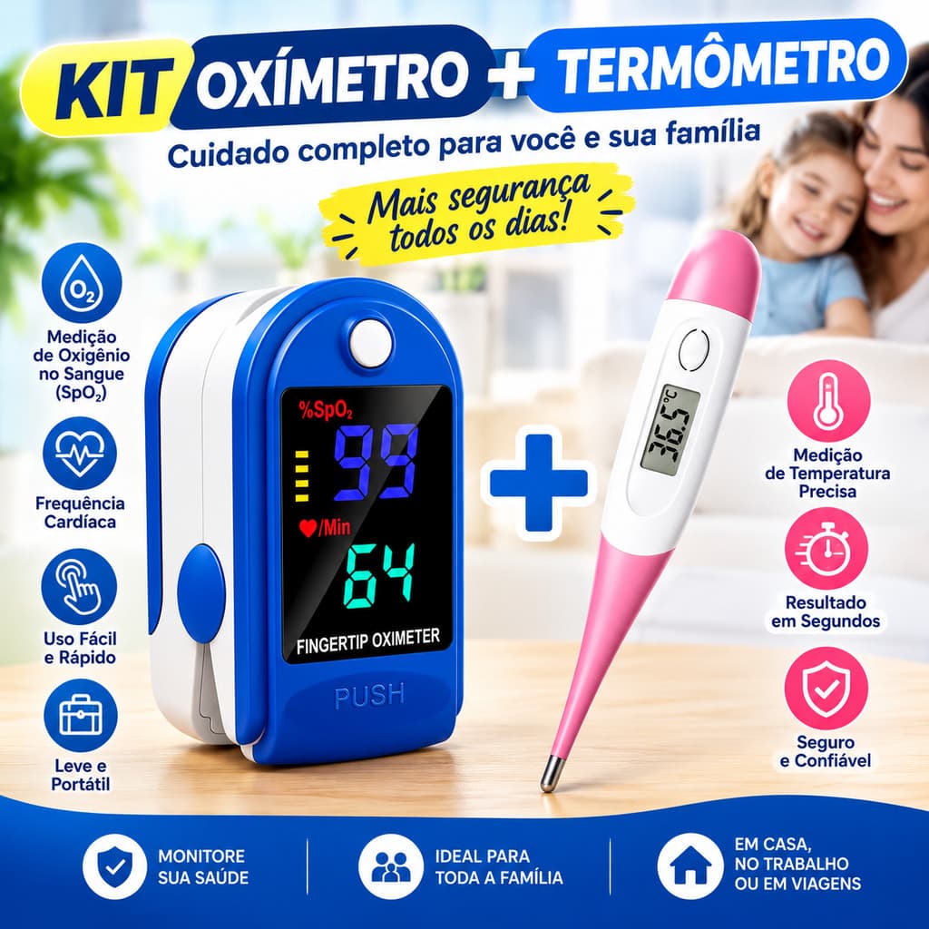 Kit 2 Oxímetros de Dedo Digital Portátil SpO2 Frequência Cardíaca Tela LED Colorida