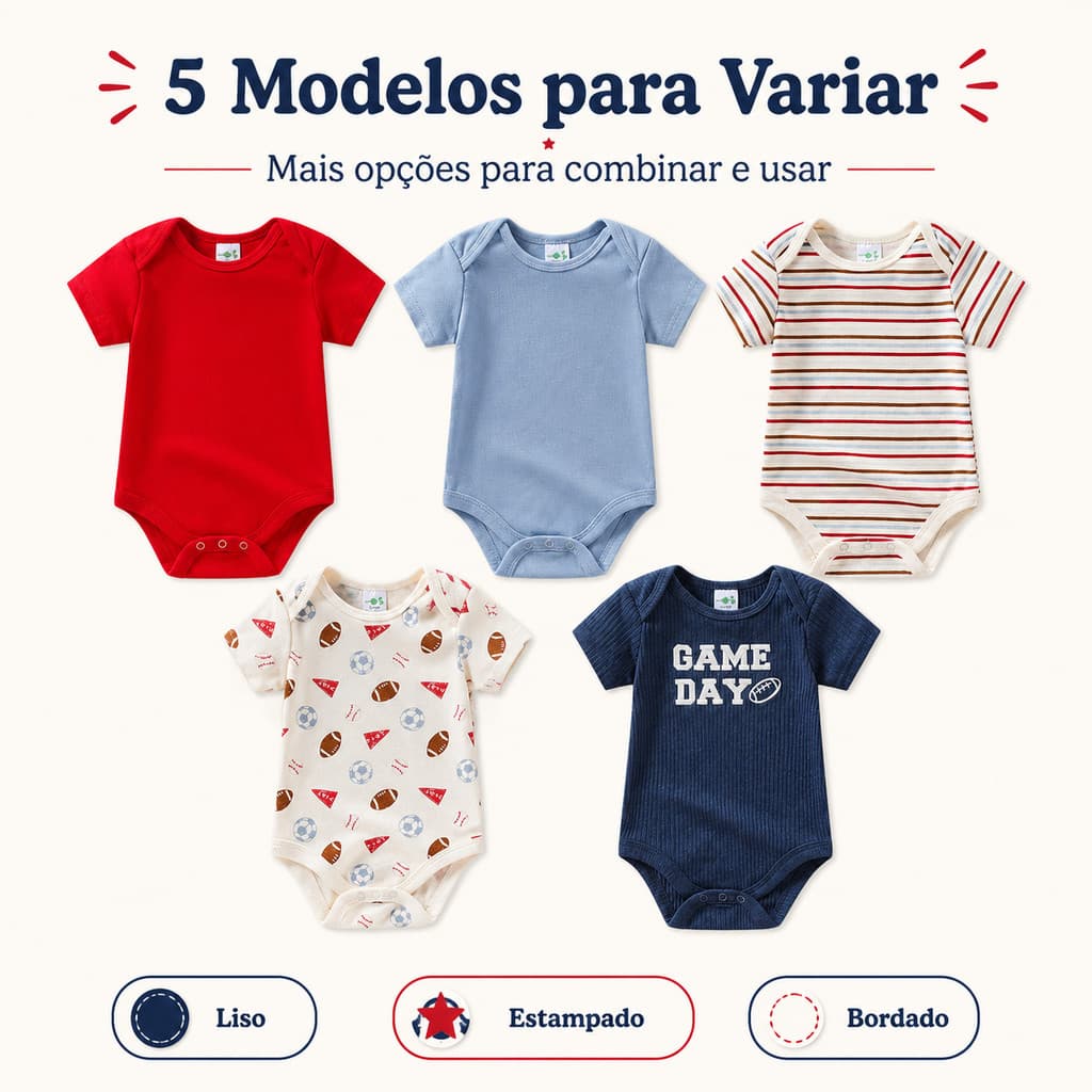 Kit 5 Bodies Bebê Manga Curta 60% Algodão 40% Poliéster Roupa Infantil Enxoval Bebê Botões de Pressão Gola Envelope