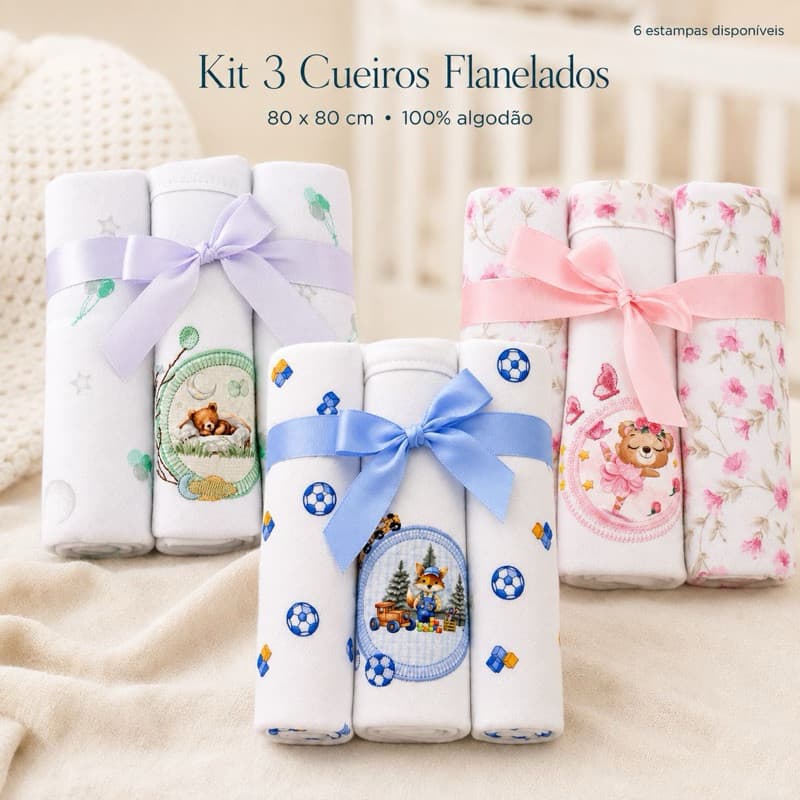 Kit 3 Cueiros Bebê Premiun 80x80cm Manta Flanelada Estampada 100% Algodão Swaddle Enxoval Recém-Nascido