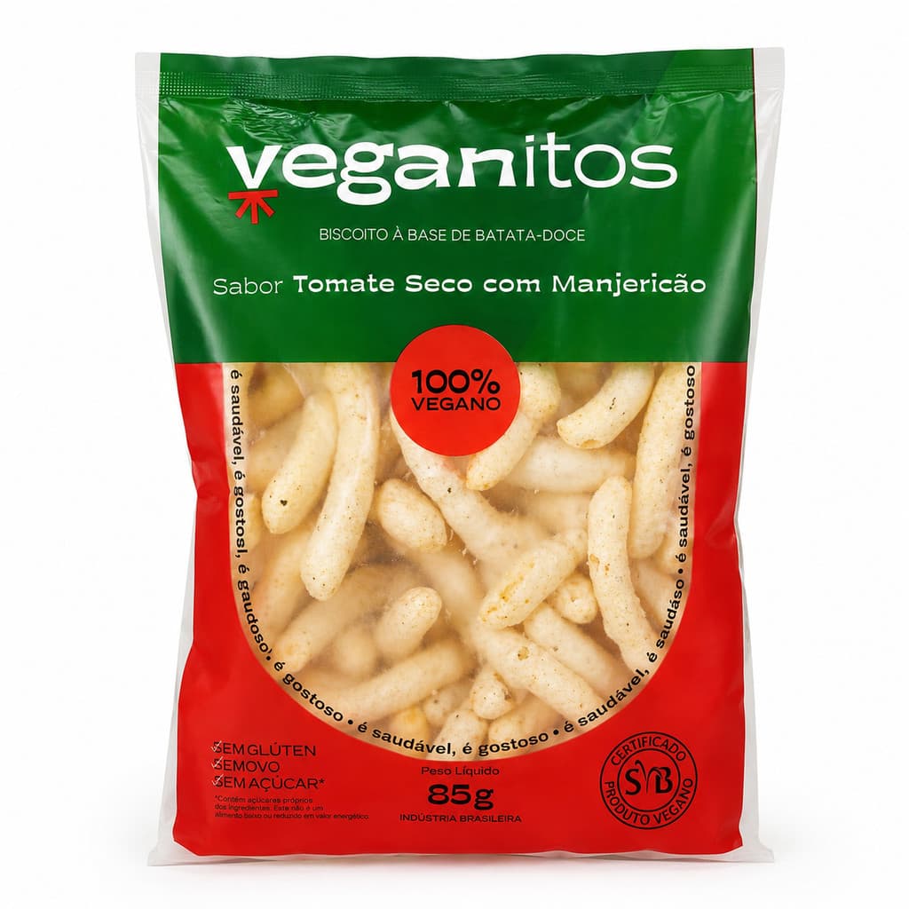 Biscoito Vegano Batata Doce Polvilho Veganitos Tomate Seco Com Manjericão Saudável Crocante Sem Glúten Zero Açúcar 85g