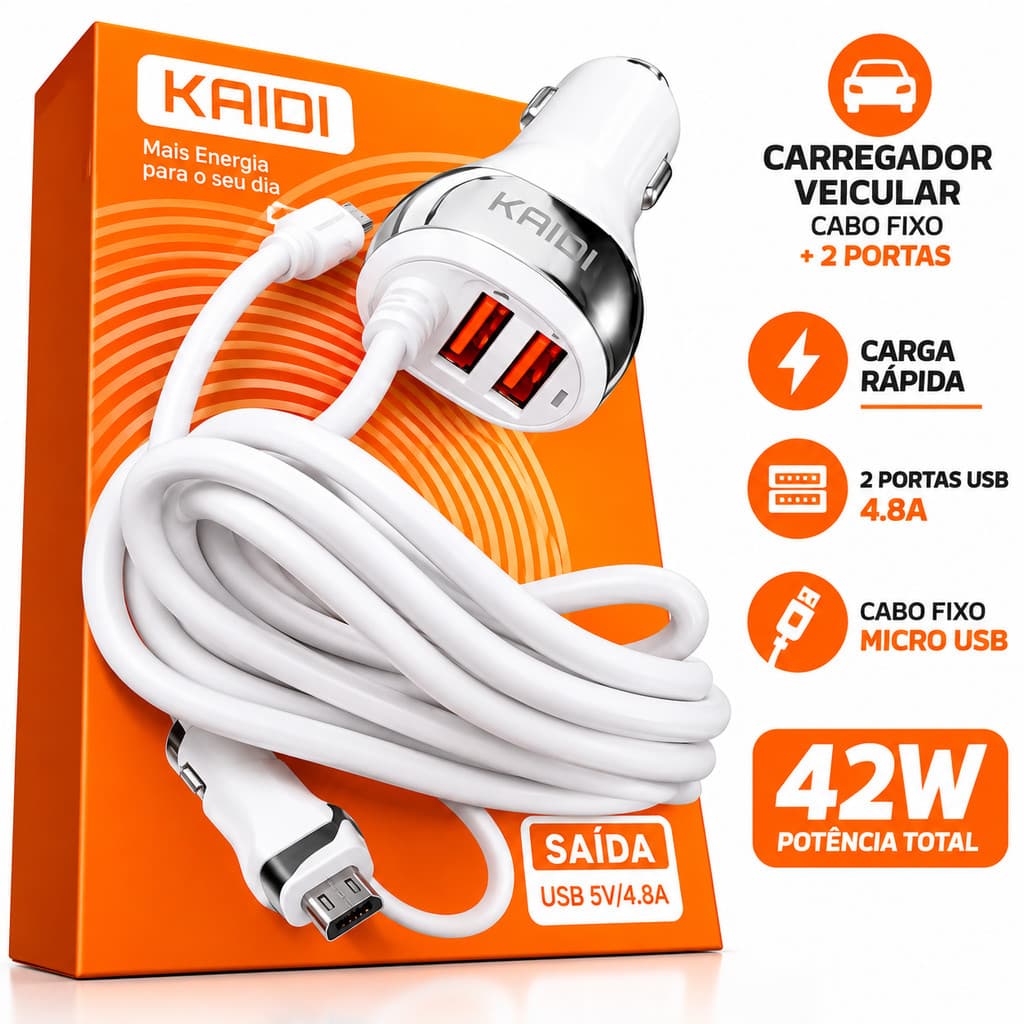Carregador Celular Potente Carga Rápida C/ Cabo Fixo MIcro USB(V8) + 2 Portas De Carregamento
