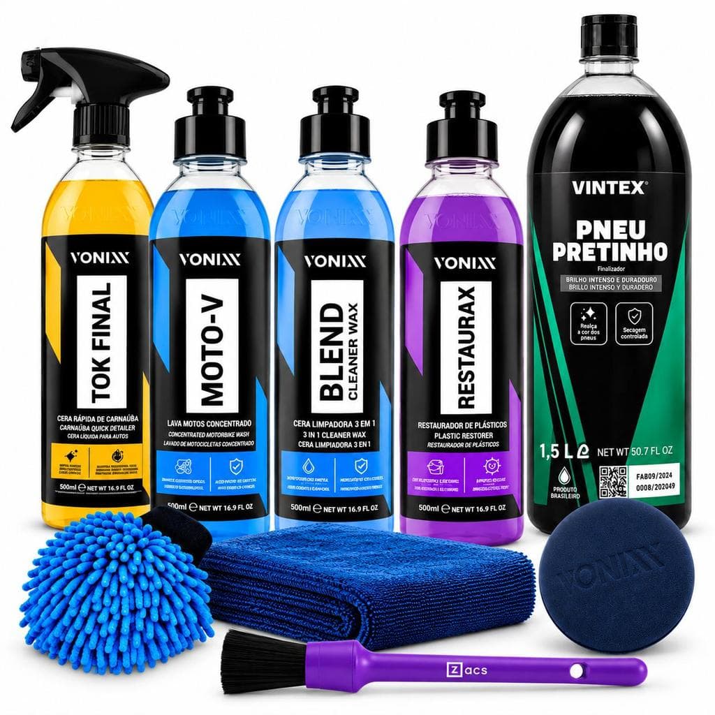 Kit Lavagem de Moto Moto-V + Pretinho + Restaurax + Acessórios