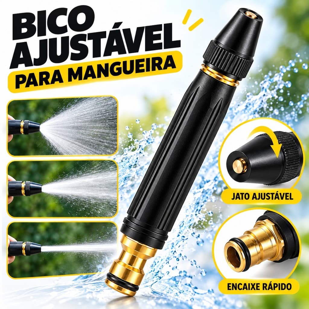 Kit Bico Alta Pressão para Mangueira 3 em 1 com Conectores 1/2 Jato Ajustável para Carro Quintal Jardim Limpeza