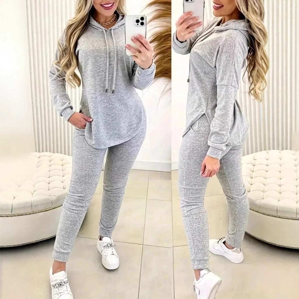 Conjuntos Femininos Manga Comprida Cordão Com Capuz Moletom Top + Calças Jogger Agasalho Loungewear Esportes Diários Con