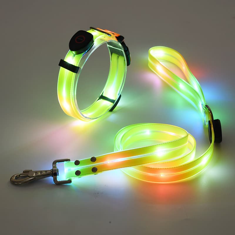 Conjunto de coleira e guia para cães com LED recarregável por USB, coleira e guia luminosos e coloridos, à prova de água
