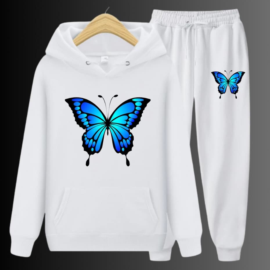 Conjunto Moletom Feminino Moletom Canguru Calça Moletom Borboletas Azul Minimalista Algodão Inverno entrega imediata